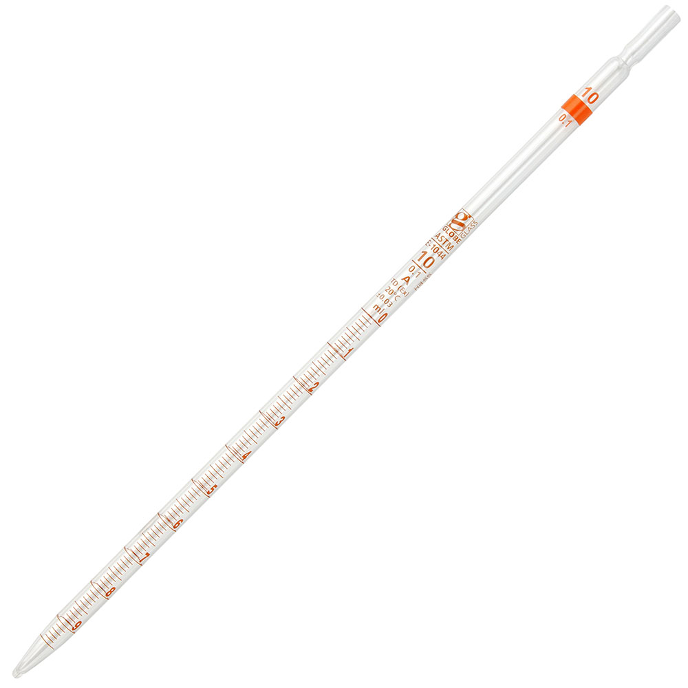 Globe Scientific Pipette, Serological, Globe Glass, Reusable, 10mL, Class A, To Deliver (TD), 0.1 Graduations, Orange Band, 6/Box Image